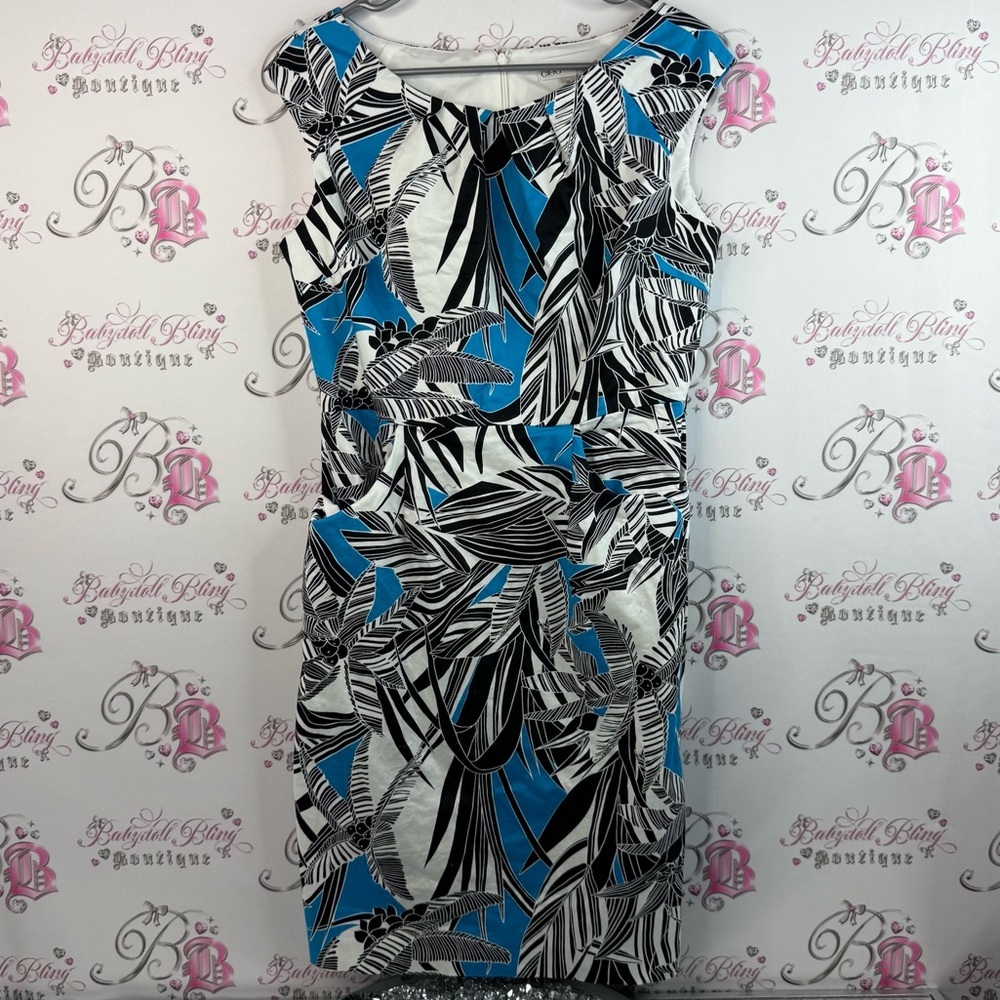 Cleo dress tropical line work flowers, Blue and Black Leaf Pattern Midi Dress